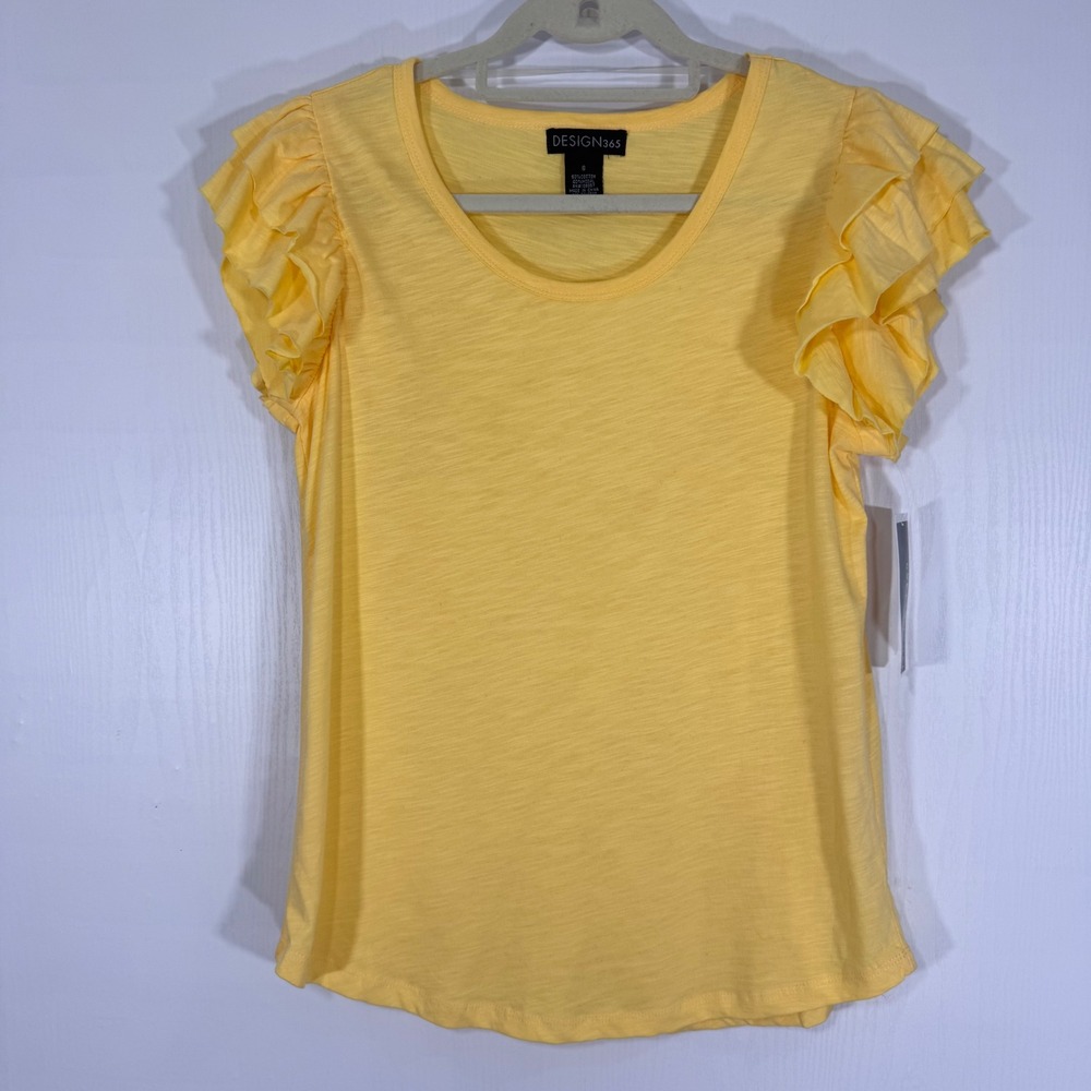 NEW DESIGN 365 Women's Yellow Ruffle Short‎ Sleeve Crew Neck T-Shirt Size S